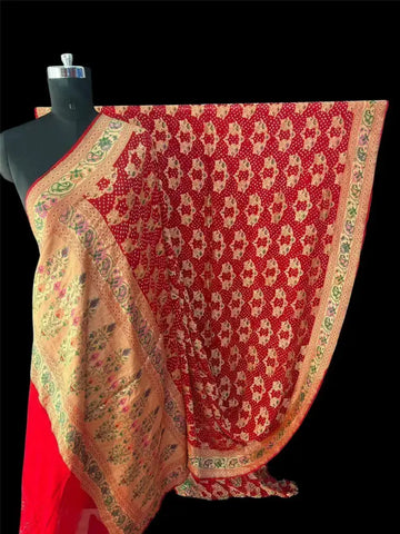 Red Tilfi Weaving Bandhani Saree floral