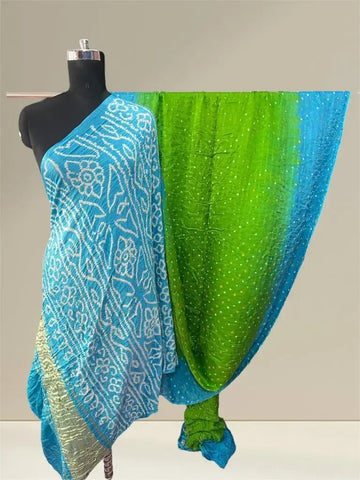 Pure gaji silk bandhani saree perrot and firozi
