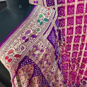 Khaddi Georgette rai bandhej saree - Rani magenta shaded
