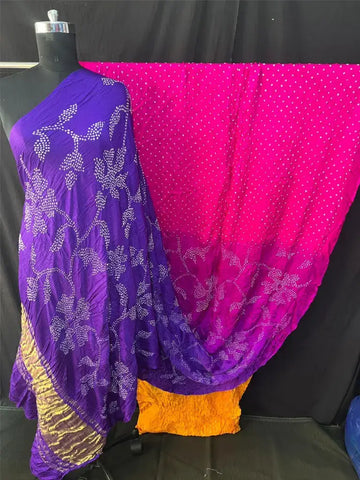 Pure gaji silk rai bandhej half and half purple omber