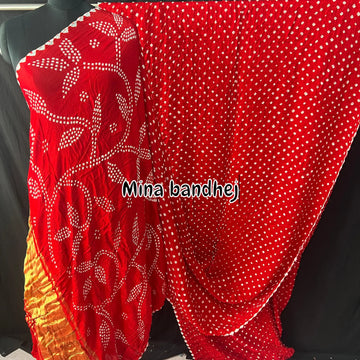 Pure gaji silk fine bandhej Bright Red shaded saree