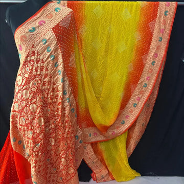 Rai bandhej Yellow Orange Khaddi  Georgette Bandhani Saree