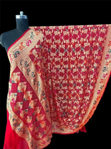 Red Tilfi Weaving Bandhani Saree