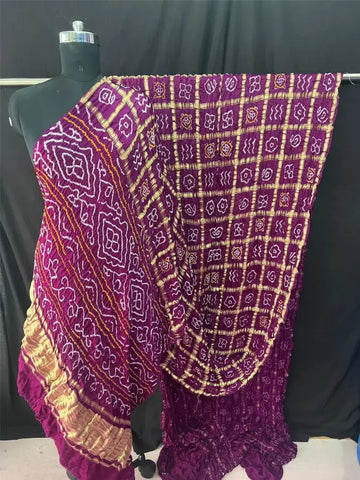 Gaji silk bandhani saree in Garchola style State Magenta