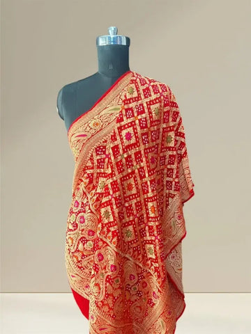 Khaddi georgette bandhani dupatta in red colour