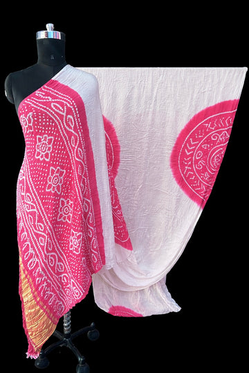 White and Pink modal silk bandhani saree