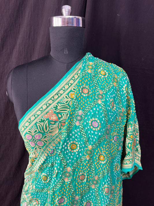 Sea green  tilfi weaving rai bandhej Dupatta