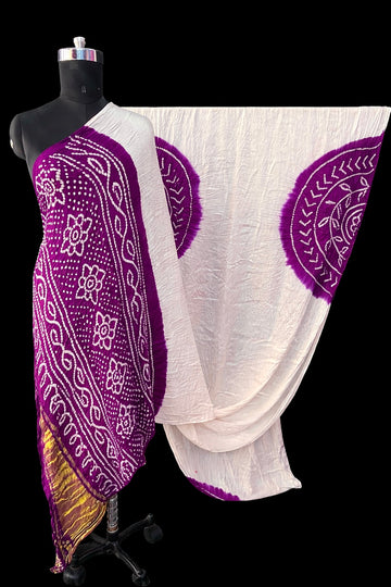 Modal silk bandhani saree white and Purple