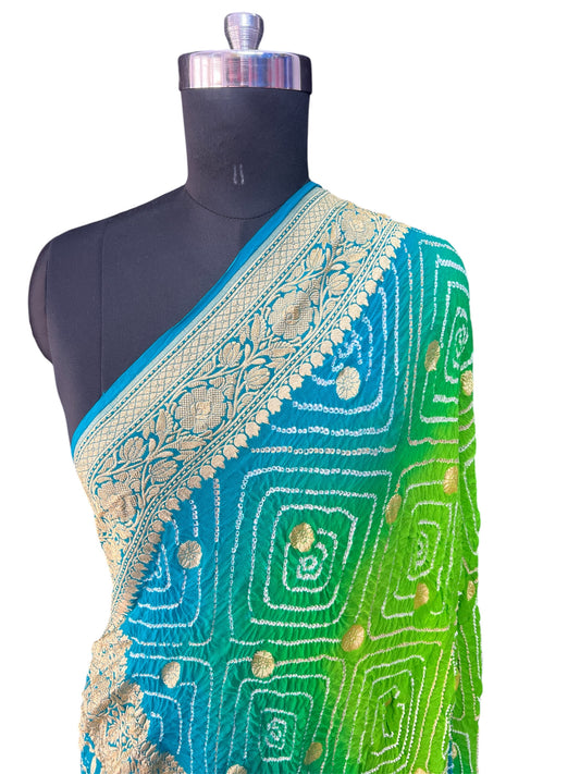 Rai bandhej Pure khaddi Georgette Dupatta Firozi Perrot shaded