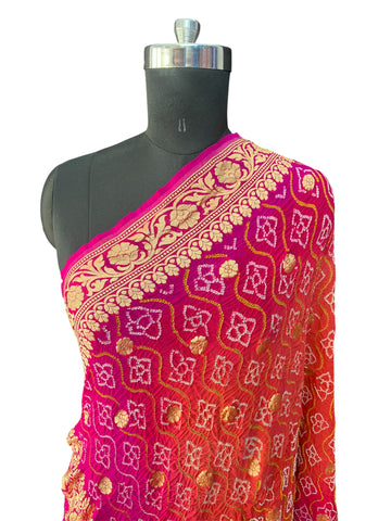 Rai bandhej Pure khaddi Georgette Dupatta Peach & Rani pink