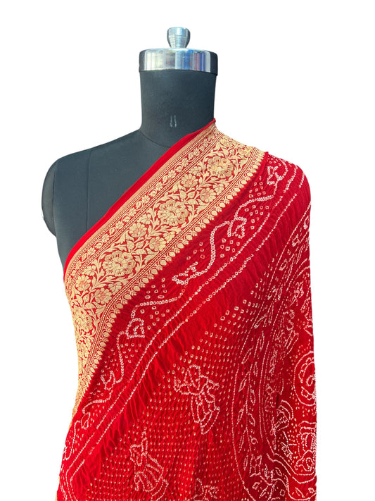 Red Rai bandhej Pure khaddi Georgette Dupatta