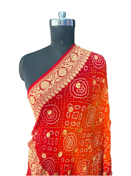 Orange red Rai bandhej Pure khaddi Georgette Dupatta