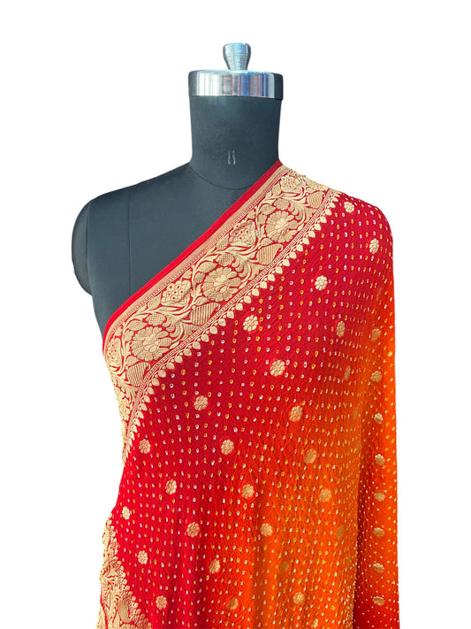 Orange Red Rai bandhej Pure khaddi Georgette Dupatta