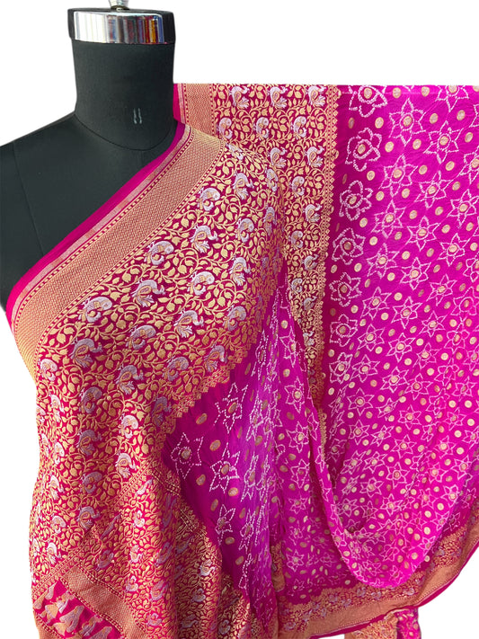 Rani shaded Silver Butti Rai bandhej saree