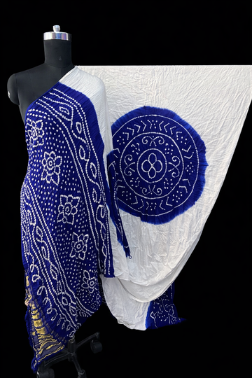 Modal silk bandhani saree white and royal blue