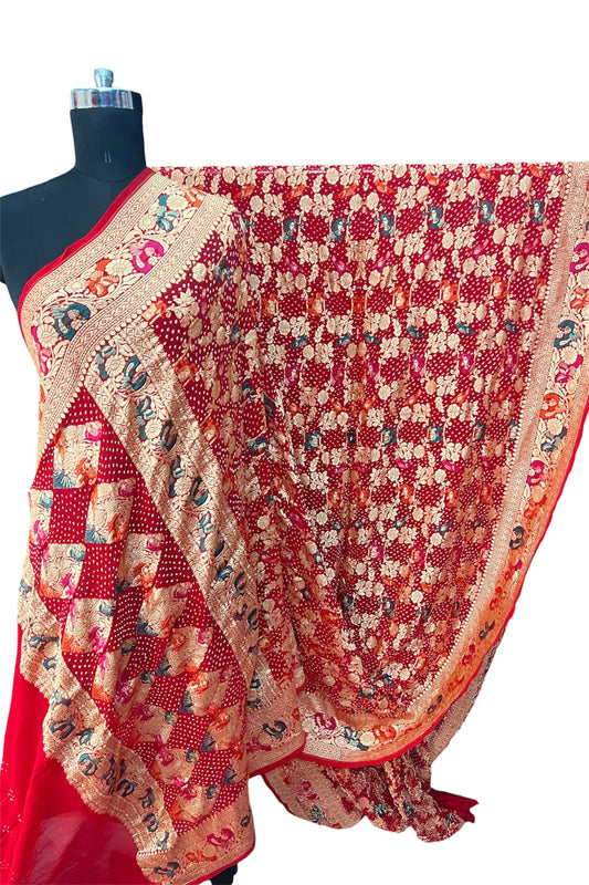 Red Tilfi Weaving Bandhani Saree