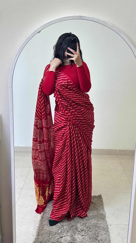 Ajarakh Red Laheriya saree