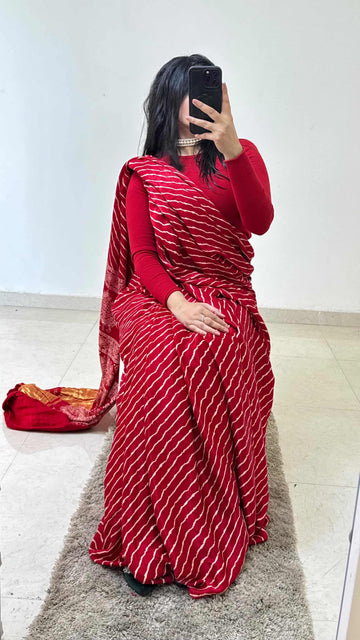 Ajarakh Red Laheriya saree