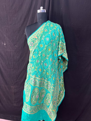 Sea green  tilfi weaving rai bandhej Dupatta