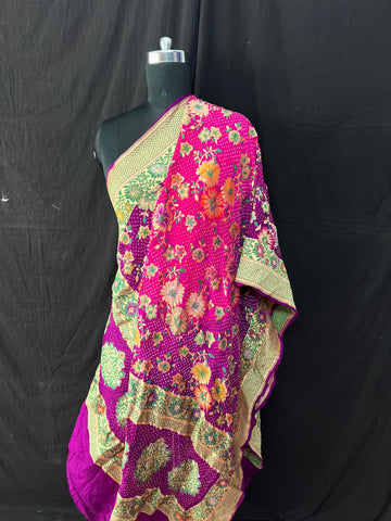 Floral Tilfi weaving Rai bandhej Dupatta Rani and purple shaded