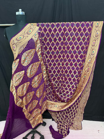 Khaddi Georgette minakari bandhani Saree magenta ( Dark purple )