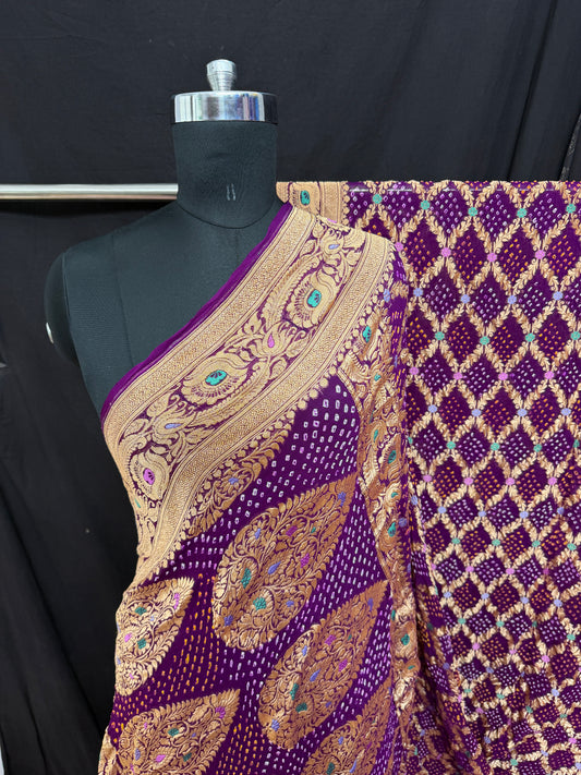 Khaddi Georgette minakari bandhani Saree magenta ( Dark purple )