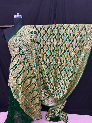 Khaddi Georgette minakari bandhani Saree green