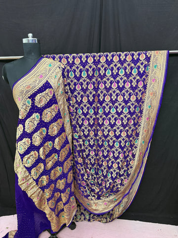 Khaddi Georgette minakari bandhani Saree purple