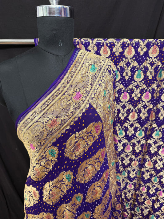 Khaddi Georgette minakari bandhani Saree purple