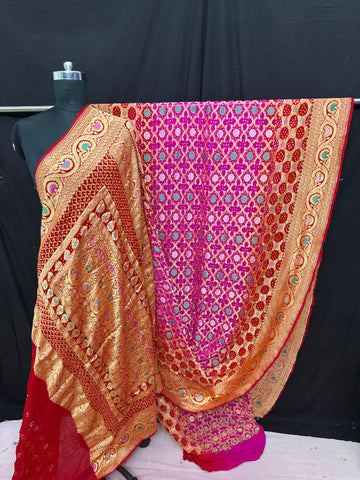 Khaddi Georgette minakari bandhani Saree Rani Red Shaded