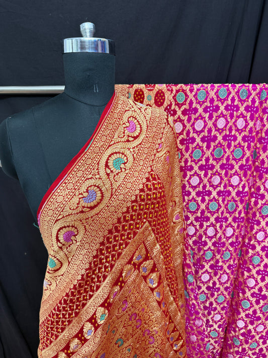 Khaddi Georgette minakari bandhani Saree Rani Red Shaded