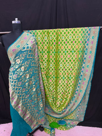 Khaddi Georgette minakari bandhani Saree perrot and light firozi