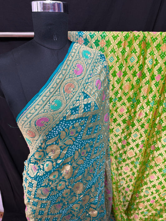Khaddi Georgette minakari bandhani Saree perrot and light firozi