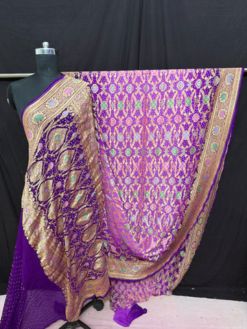 Khaddi Georgette minakari bandhani Saree Magenta Shaded