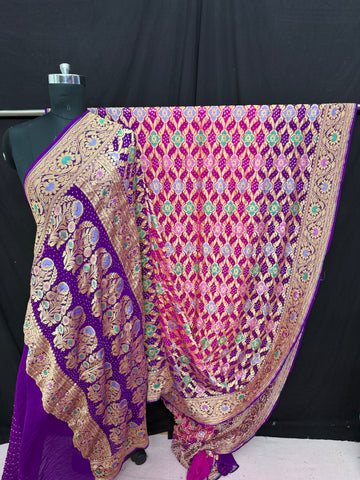 Khaddi Georgette minakari bandhani Saree Rani purple shaded