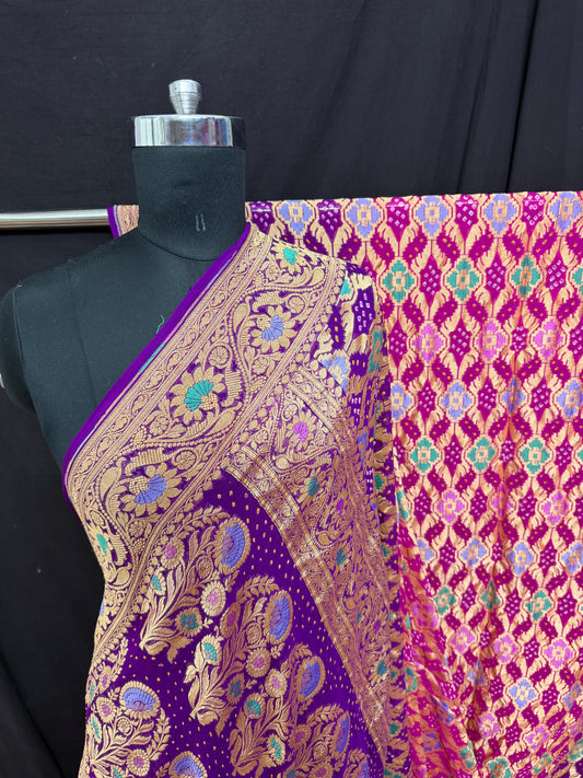 Khaddi Georgette minakari bandhani Saree Rani purple shaded