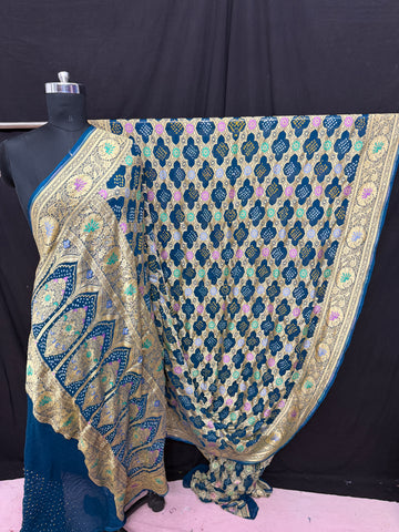 Khaddi Georgette minakari bandhani Saree indigo Blue