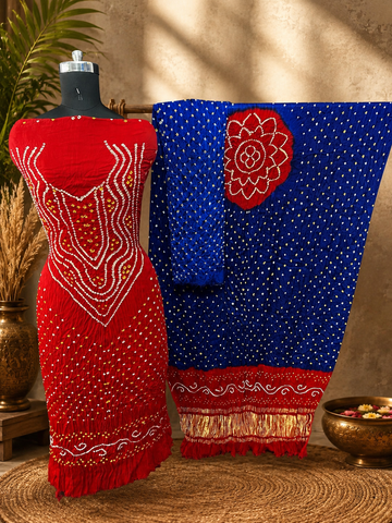 Modal Silk Bandhani Dress Material Red Blue