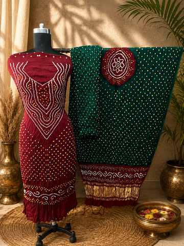Modal Silk Bandhani Dress Material Meroon Green
