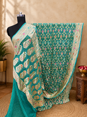 Khaddi Georgette minakari bandhani Saree Sea Green