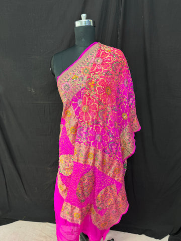 Floral Tilfi weaving Rai bandhej Dupatta Strawberry Rani ombré dyed
