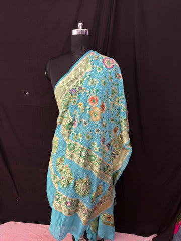 Floral Tilfi weaving Rai bandhej Dupatta pastel sky
