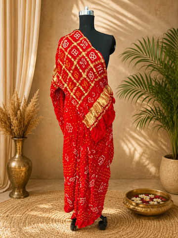 Pure Gaji silk Rai bandhej Saree Red