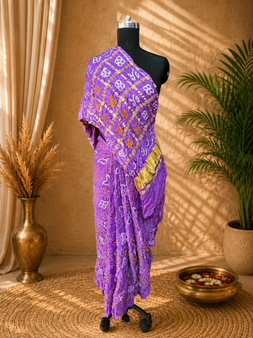 Pure Gaji silk Rai bandhej Saree Light Purple