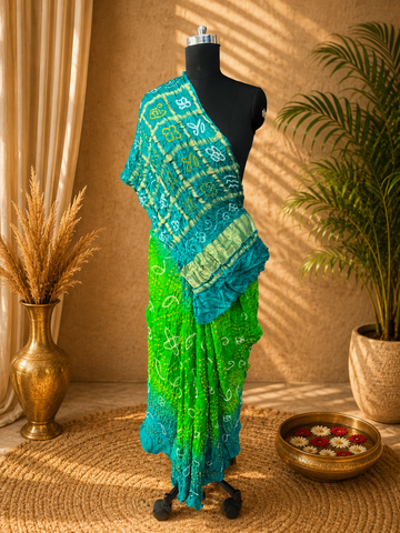 Pure Gaji silk Rai bandhej Saree Firozi Perrot shaded