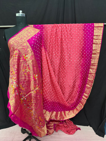 Dhupiyan silk bandhani saree Strawberry Rani