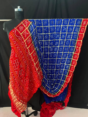 Gaji silk bandhani saree in Garchola style State Blue red