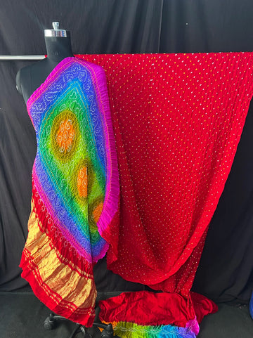 Multi pallu Red Bandhani saree