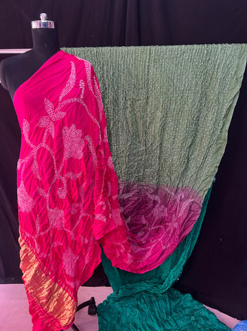 Pure gaji silk rai bndhej half and half bright pink ombre
