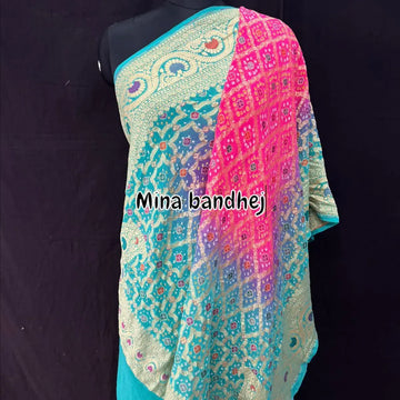 Khaddi Georgette minakari bandhani dupatta Pink & Rama